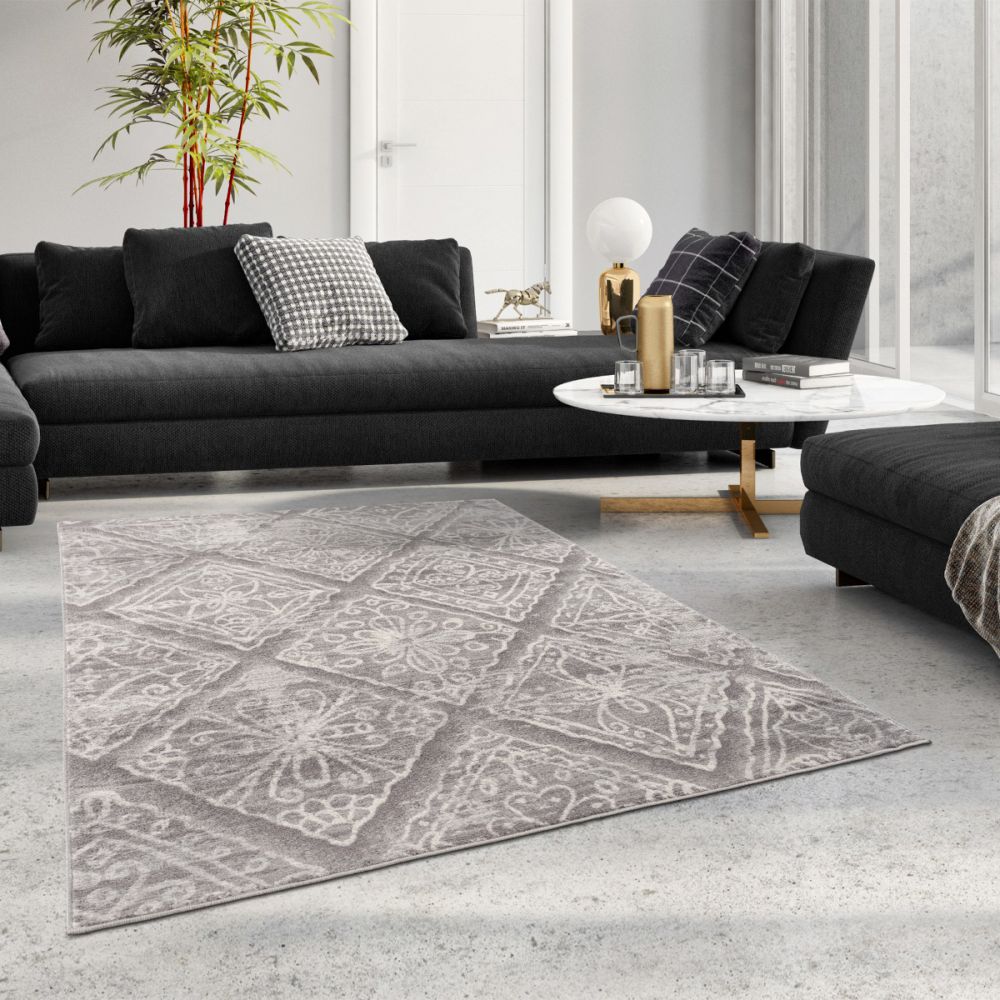 Teppich Wohnzimmer Abstrakt Ornament Muster Kurzflor Teppich Meliert Grau Beige 