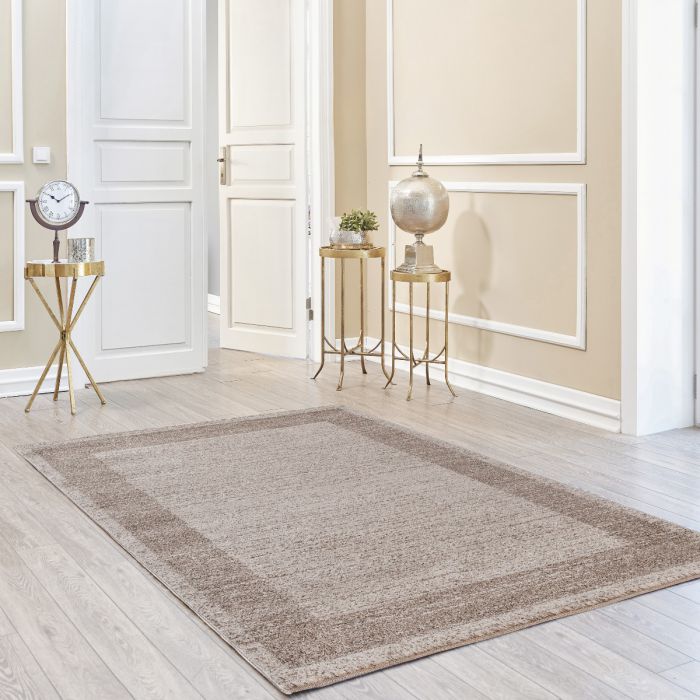 Kurzflor Teppich Braun Beige Muster Bordüre Umrandung M7437J