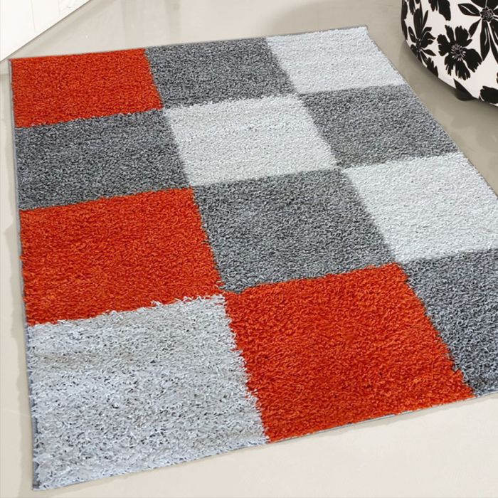 200x280 cm Shaggy Hochflor Teppich Orange Weiss Karierte Kacheln MY381 30 mm