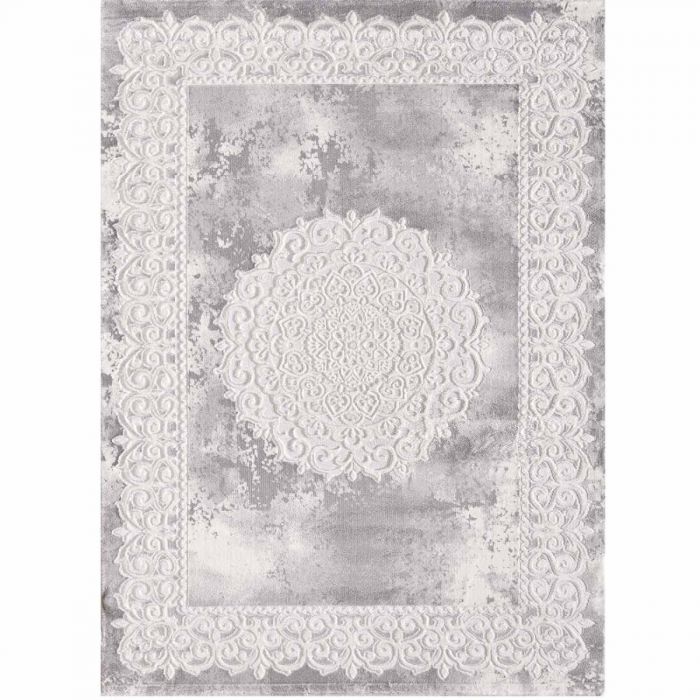 Designer Teppich in Grau mit Medaillon Ornament Bordüre M3205