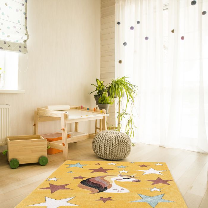 Kurzflor Kinderzimmerteppich Gelb Einhorn Motiv Spielteppich C010