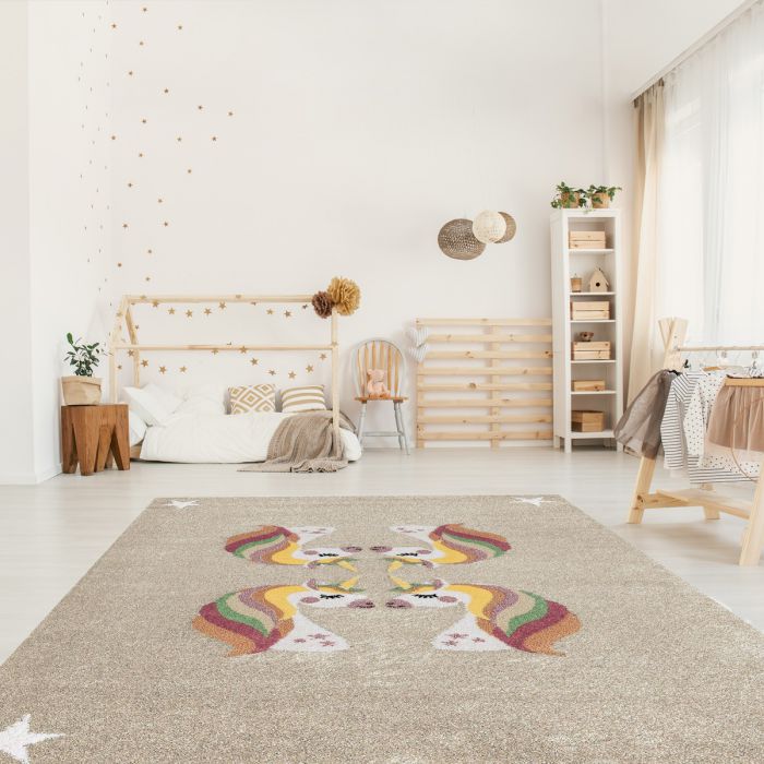 Kurzflor Kinderzimmerteppich Cream Einhorn Motiv Spielteppich C009