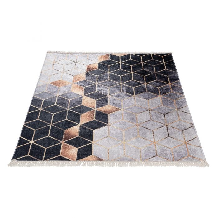 Waschbarer Teppich Antibakteriell in Schwarz Gold Geometrische Muster M5400