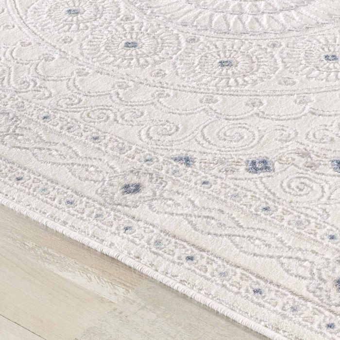 Designer Teppich in Weiss Cream mit Ornament Medaillon Bordüre M3203