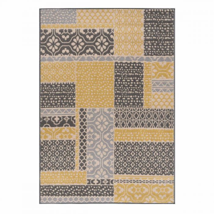 Vintage Teppich Gelb Kurzflor Patchwork Muster 3230Y