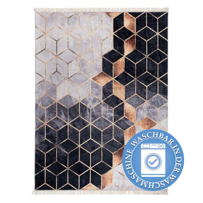 Waschbarer Teppich Antibakteriell in Schwarz Gold Geometrische Muster M5400