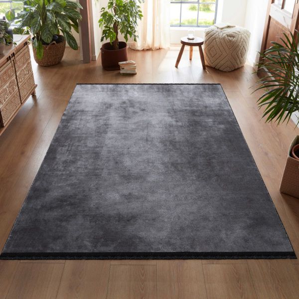 | Anthrazit Einfarbig Waschbarer Teppich Meliert aus Polyester