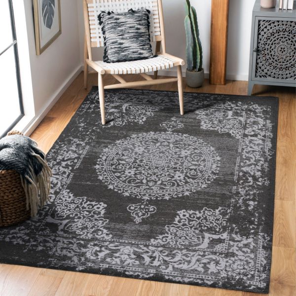 Waschbarer Flachgewebeteppich Grau | Vintage Orient Muster | Kurzflor-Teppiche