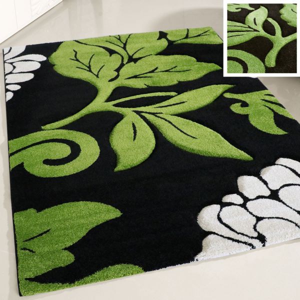 Kurzflor Floralmuster | Carving Grün mit Wohnzimmerteppich