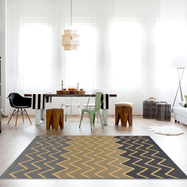 Kurzflor Teppich Gelb Grau | Zick Zack Geometrisches Muster