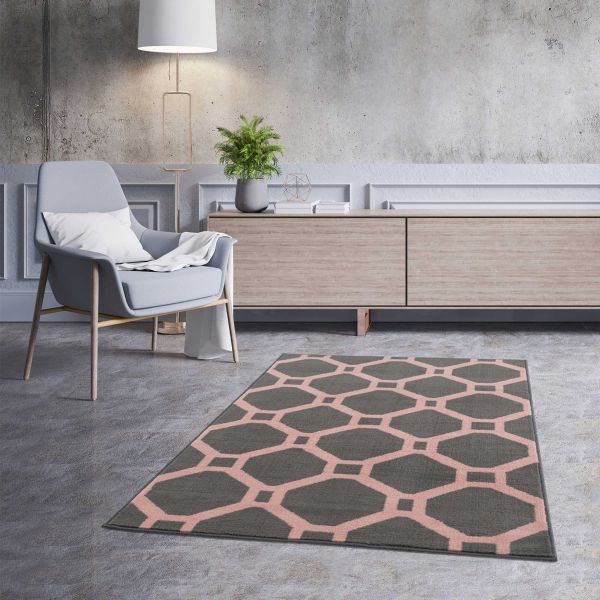 Kurzflor Teppich Grau Rosa Waben Geometrisches Muster | Kurzflor-Teppiche