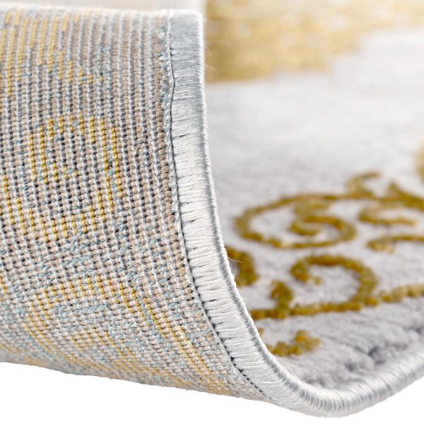 Designer Teppich Kurzflor Silber Ornament Muster | Gold 3D