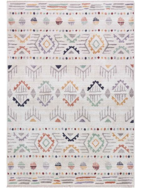 Designer Kurzflor Teppich Bunt Boho mit Indian Fransen Muster