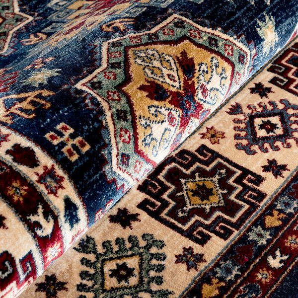 Orientteppich Blau Rot | Orientalisches Muster Seidenimitat | Kurzflor-Teppiche