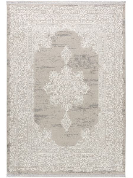 Beige Stylische Weiss Muste Kurzflor Ornament | Designer Teppich