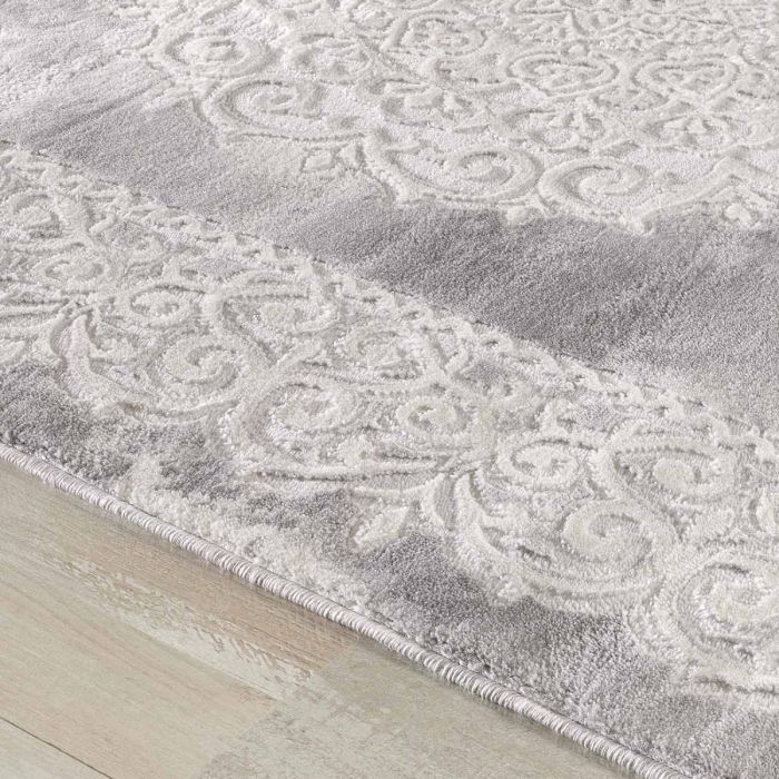 Designer Teppich in Grau mit Medaillon Ornament Bordüre M3205