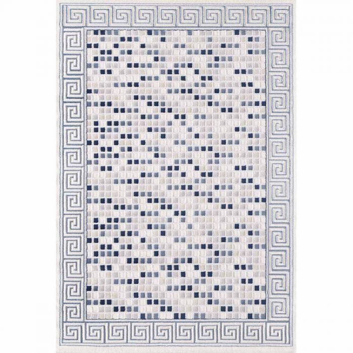 Moderner Teppich in Navy Blau mit Mozaik Muster Design Bordüre M3207